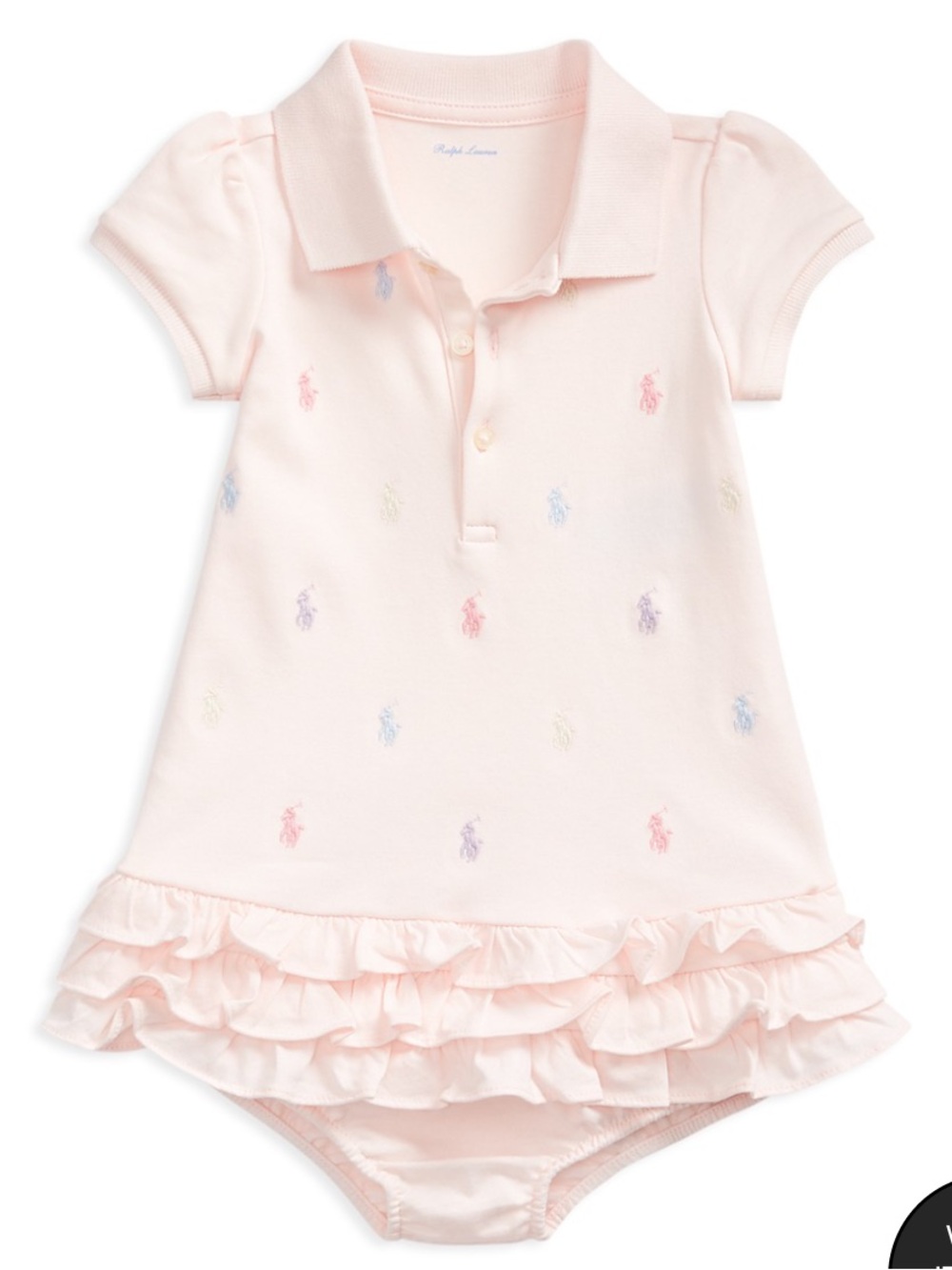 Ralph Lauren Pale Pink Polo Ruffle Baby Dress with ponies and bloomer 24 mo GUC